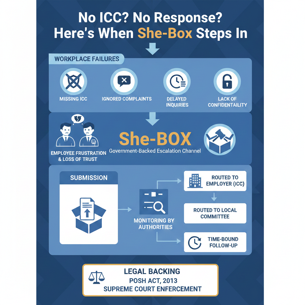 POSH Act Compliance in India: The Complete Guide for Employees, Employers, ICC Members & Boards (2026 Edition) 3 Infographic explaining when to use the She-Box portal under the POSH Act, 2013. It shows common workplace failures such as the absence of an Internal Committee (ICC), ignored complaints, delayed inquiries, and lack of confidentiality, followed by the She-Box complaint escalation process, including submission, monitoring by authorities, routing to the employer or Local Committee, and time-bound follow-up.