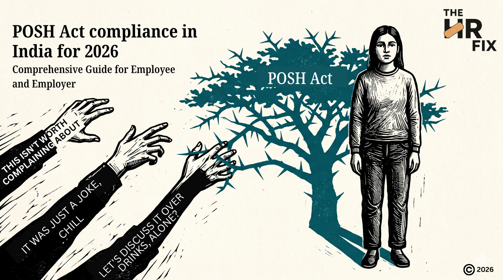 Editorial illustration showing a woman standing calmly as her shadow forms a thorn-covered babul tree — symbolizing POSH Act as protection against workplace sexual harassment in India 2026